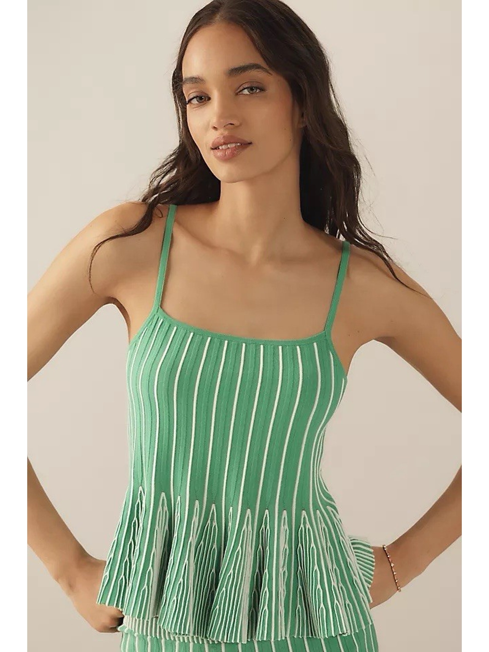 Anthropologie Maeve Cami Tank Top Large L Green White Striped Peplum Knit Pleat